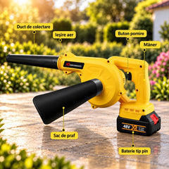 Suflantă și Aspirator fără fir 2 în 1 AT PERFORMANCE® AT-919, 48V, 880W, 18.000 RPM, cu 2 Acumulatori, pentru Frunze, Praf și Zăpadă Ușoară