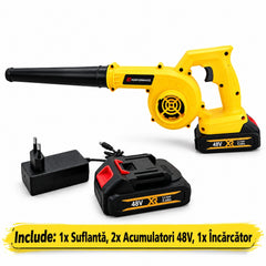 Suflantă și Aspirator fără fir 2 în 1 AT PERFORMANCE® AT-919, 48V, 880W, 18.000 RPM, cu 2 Acumulatori, pentru Frunze, Praf și Zăpadă Ușoară