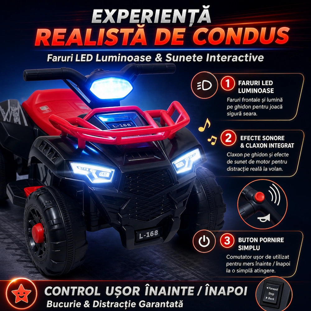 ATV Electric Copii KIDOO® L-168, 6V, 3–5 km/h, 3–8 ani – Distracție Off-Road, Sigur și Ușor de Utilizat