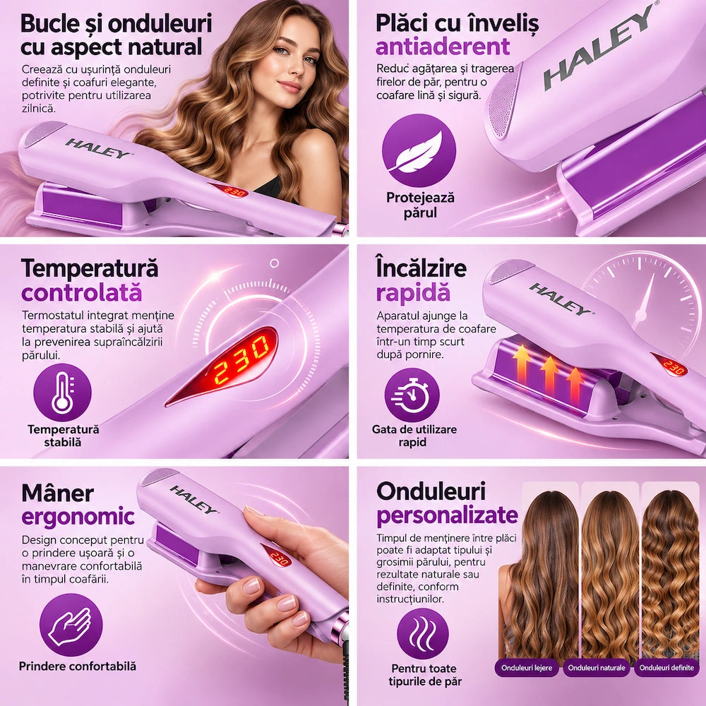 Placă de Creponat Păr HALEY HY-3024, Fier de Păr Ondulat cu Clemă, Plăci Non-Stick, Termostat și Afișaj LED