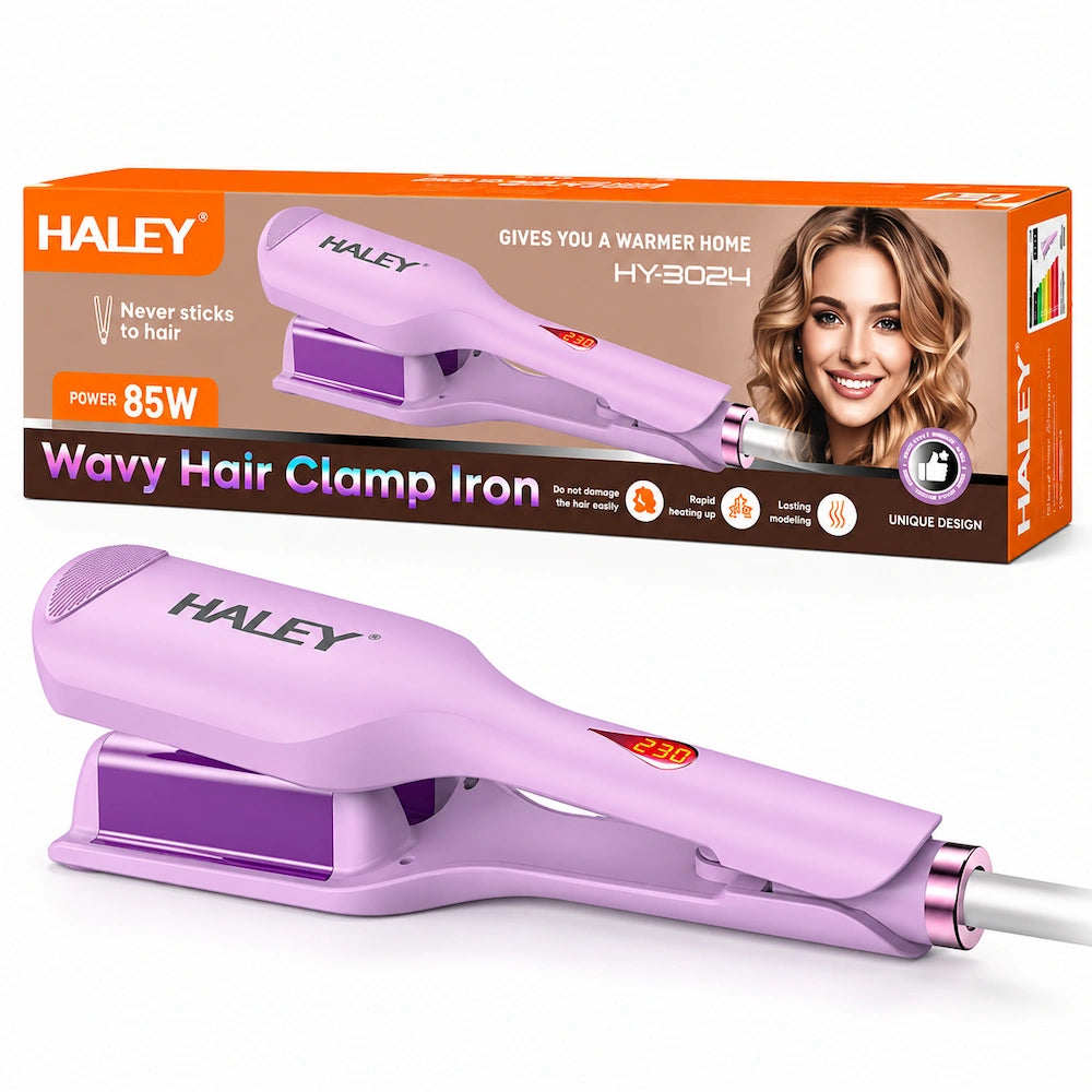 Placă de Creponat Păr HALEY HY-3024, Fier de Păr Ondulat cu Clemă, Plăci Non-Stick, Termostat și Afișaj LED