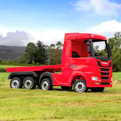 Camion electric cu remorcă pentru copii oficial licentiat, KIDOO, 12V, 2 motoare 35W, telecomandă 2.4G, suspensie pe 4 roți, lumini, muzică, viteză 3-5 km/h, uși funcționale