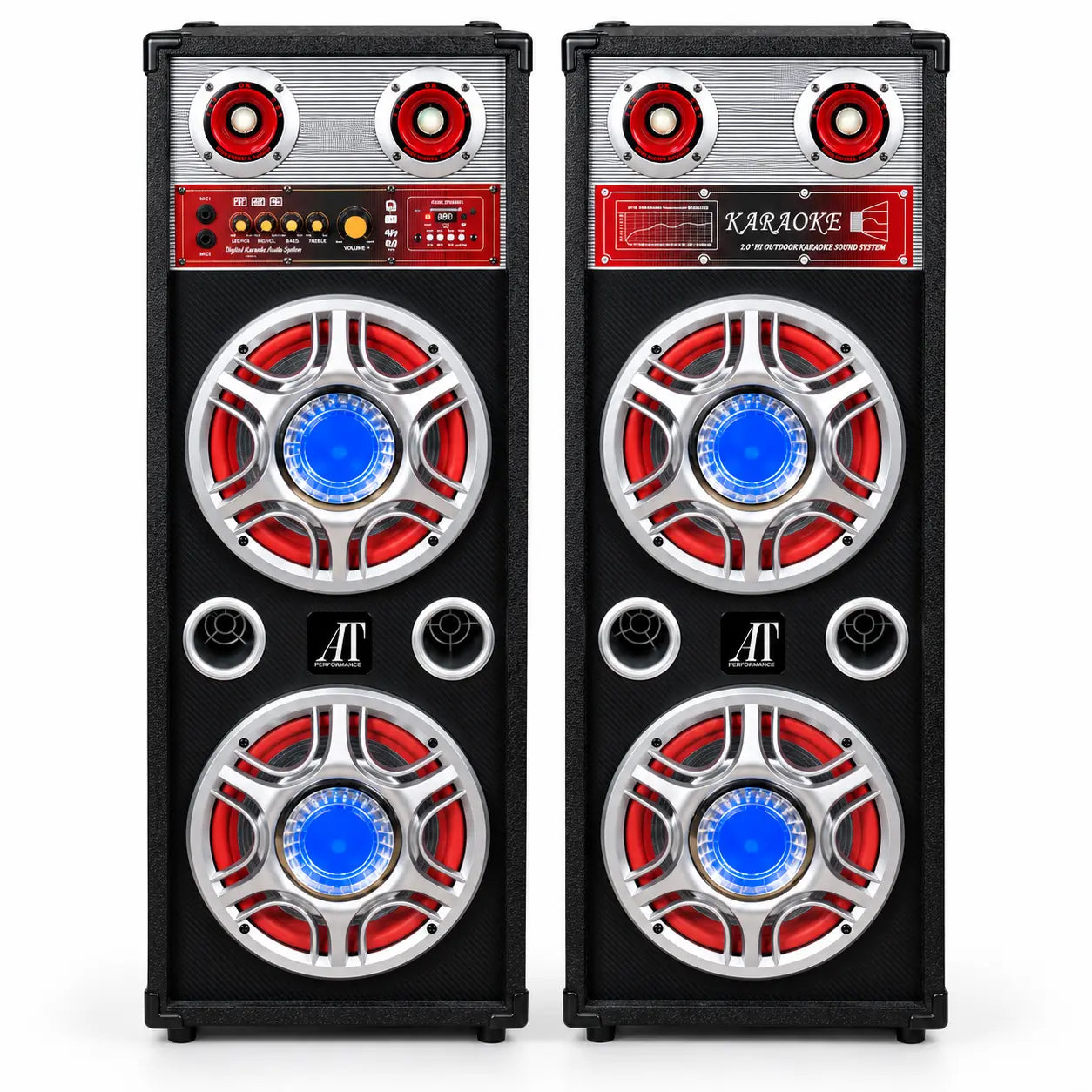 Set 2 Boxe Karaoke 1000W cu 4 Woofere de 10”, Bluetooth, MP3, USB-C, Card SD/MMC, AUX, Radio FM, Lumini LED, Reglaj Bass