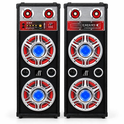 Set 2 Boxe Karaoke 1000W cu 4 Woofere de 10”, Bluetooth, MP3, USB-C, Card SD/MMC, AUX, Radio FM, Lumini LED, Reglaj Bass