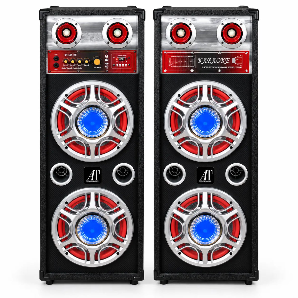 Set 2 Boxe Karaoke 1000W cu 4 Woofere de 10”, Bluetooth, MP3, USB-C, Card SD/MMC, AUX, Radio FM, Lumini LED, Reglaj Bass