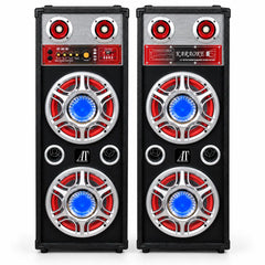 Set 2 Boxe Karaoke 1000W cu 4 Woofere de 10”, Bluetooth, MP3, USB-C, Card SD/MMC, AUX, Radio FM, Lumini LED, Reglaj Bass