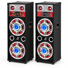 Set 2 Boxe Karaoke 1000W cu 4 Woofere de 10”, Bluetooth, MP3, USB-C, Card SD/MMC, AUX, Radio FM, Lumini LED, Reglaj Bass