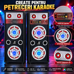 Set 2 Boxe Karaoke 1000W cu 4 Woofere de 10”, Bluetooth, MP3, USB-C, Card SD/MMC, AUX, Radio FM, Lumini LED, Reglaj Bass