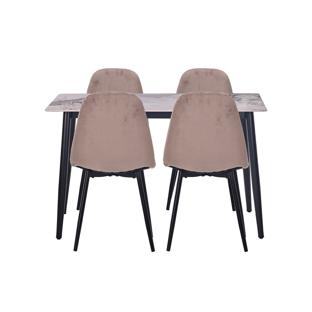 Set masă Bucatarie / Sufragerie cu 4 scaune, blat sintered stone gri și catifea, 120x70 cm