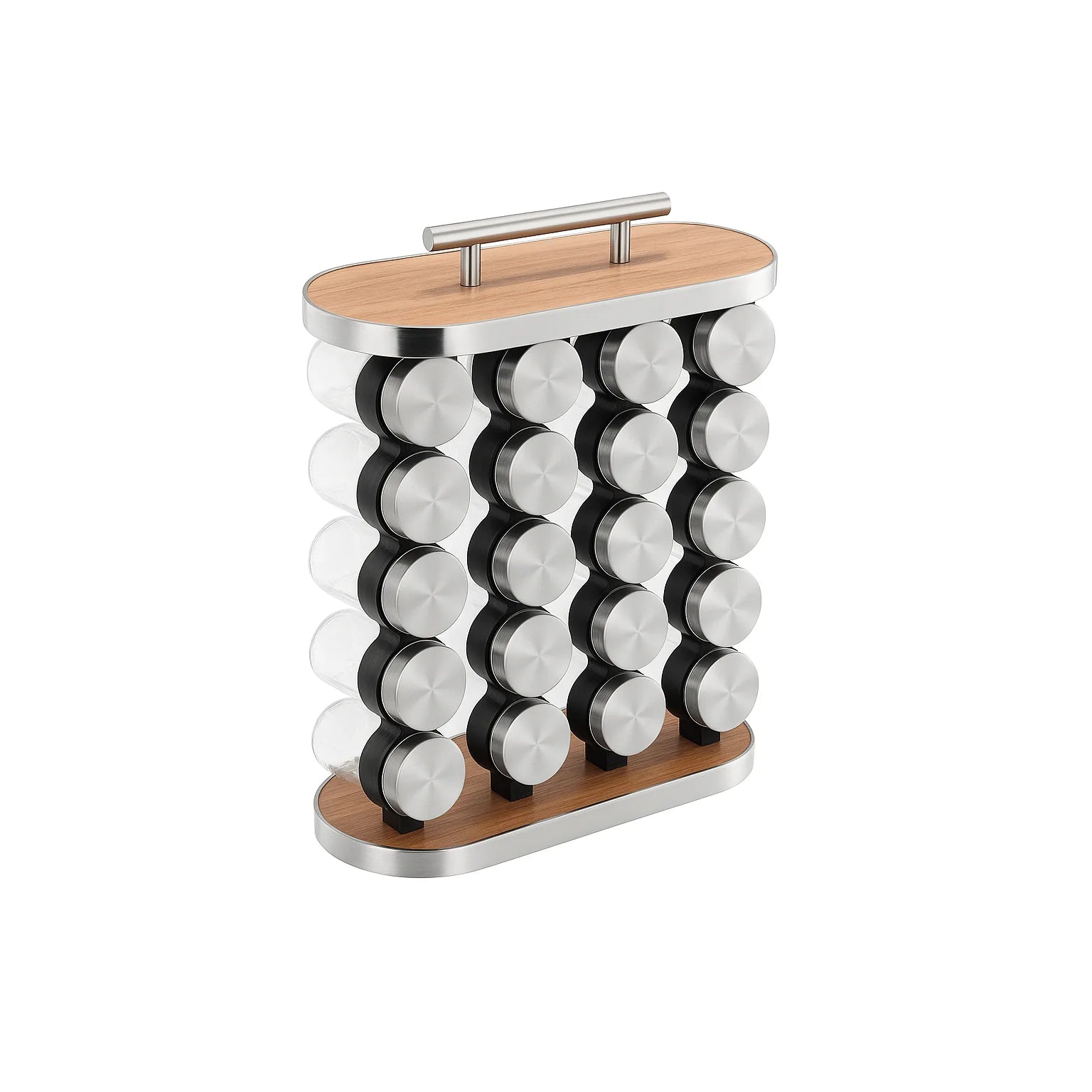 Set 16 recipiente condimente din sticla, cu suport din MDF, 29 x 28 x 12 cm.