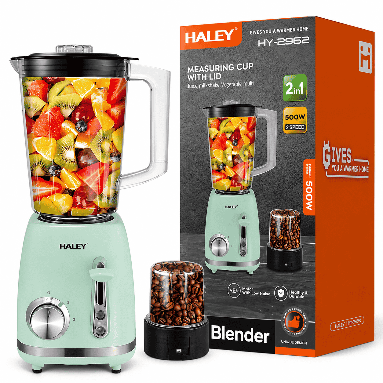 Blender 2 în 1 HALEY HY-2962, 500W, Recipient 1.5L, 2 Viteze + Funcție Pulse, Râșniță, Zdrobire Gheață, Lame din Oțel Inoxidabil, Verde Mentă