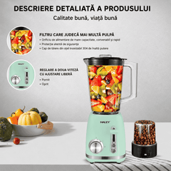 Blender 2 în 1 HALEY HY-2962, 500W, Recipient 1.5L, 2 Viteze + Funcție Pulse, Râșniță, Zdrobire Gheață, Lame din Oțel Inoxidabil, Verde Mentă