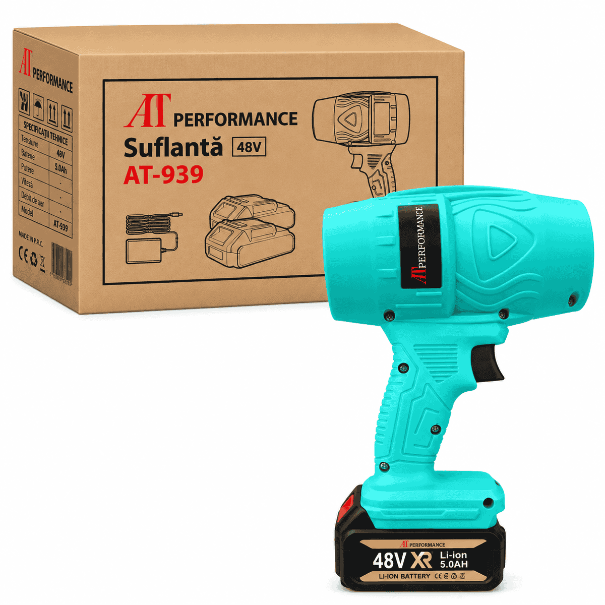 Suflantă Electrică Portabilă 48V AT Performance AT-939 Tiffany Blue  cu 2 Baterii Li-Ion 5.0Ah și Încărcător