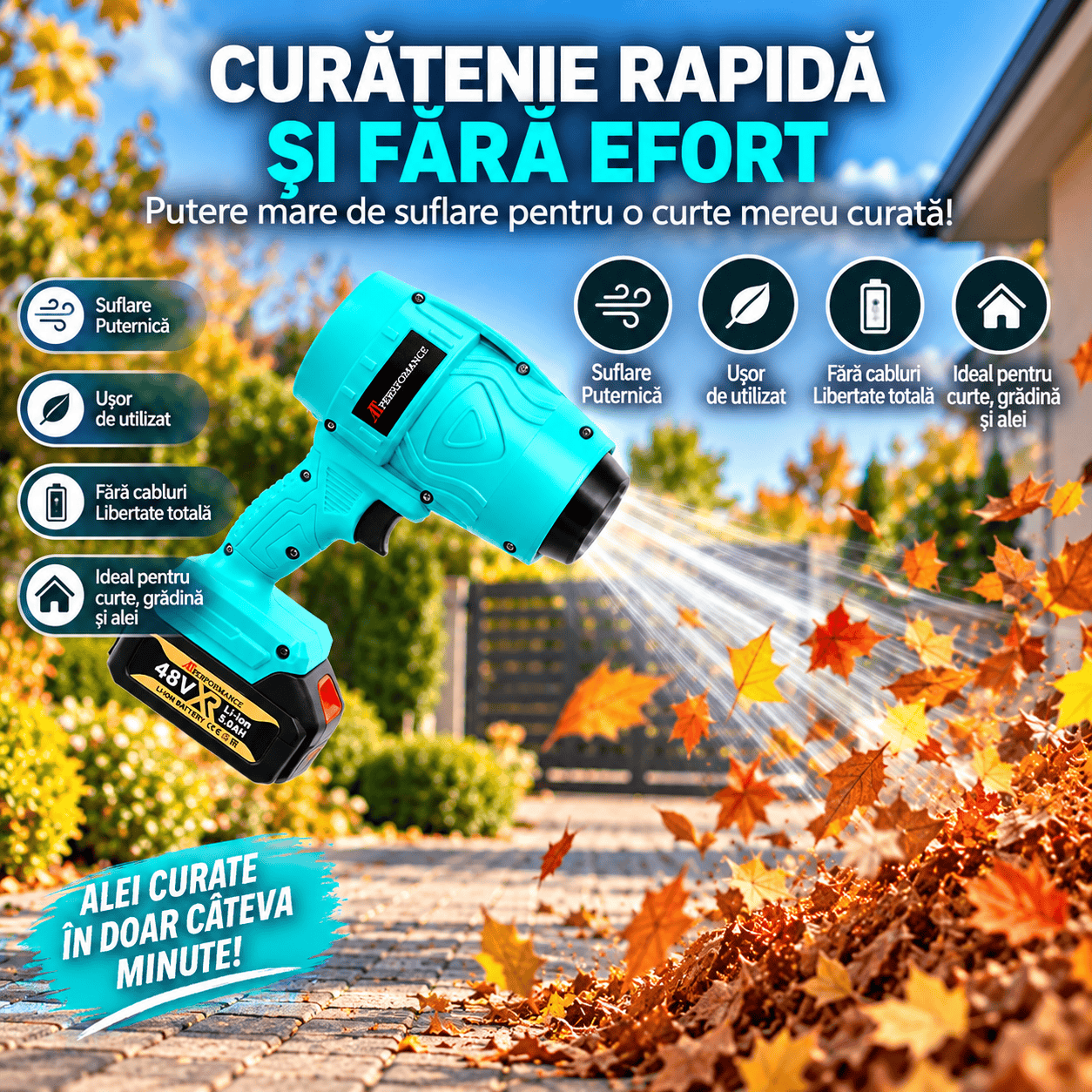 Suflantă Electrică Portabilă 48V AT Performance AT-939 Tiffany Blue  cu 2 Baterii Li-Ion 5.0Ah și Încărcător