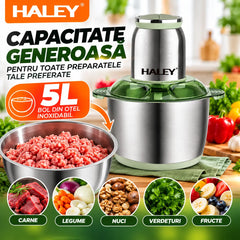 Tocător Electric HALEY 1000W, 4 Lame Inox, Bol 5L Full Inox, 2 Viteze, 2 Palete Interșanjabile