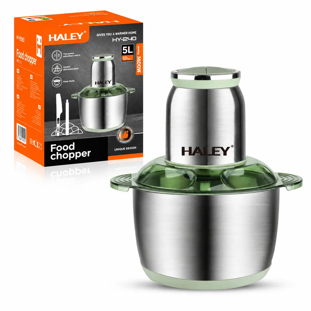 Tocător Electric HALEY 1000W, 4 Lame Inox, Bol 5L Full Inox, 2 Viteze, 2 Palete Interșanjabile