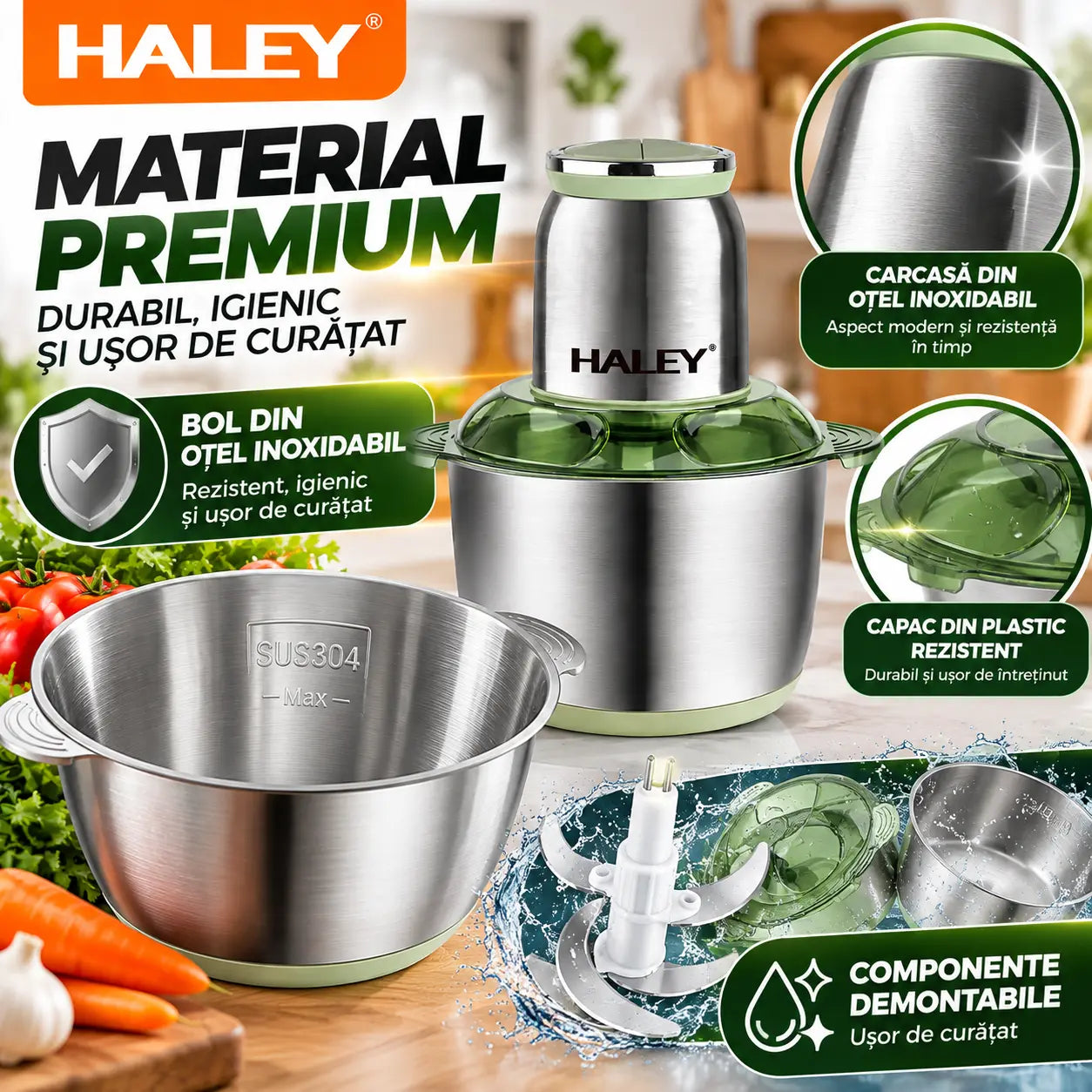 Tocător Electric HALEY 1000W, 4 Lame Inox, Bol 5L Full Inox, 2 Viteze, 2 Palete Interșanjabile