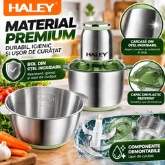 Tocător Electric HALEY 1000W, 4 Lame Inox, Bol 5L Full Inox, 2 Viteze, 2 Palete Interșanjabile