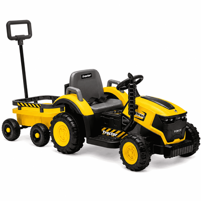 Tractor Electric KIDOO pentru Copii cu Telecomandă 2.4G, Remorcă Detașabilă, 12V 4.5Ah, 2 Motoare 380, Lumini LED, Muzică, Centură de Siguranță, Galben/Gri