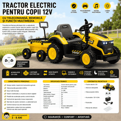 Tractor Electric KIDOO pentru Copii cu Telecomandă 2.4G, Remorcă Detașabilă, 12V 4.5Ah, 2 Motoare 380, Lumini LED, Muzică, Centură de Siguranță, Galben/Gri