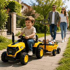 Tractor Electric KIDOO pentru Copii cu Telecomandă 2.4G, Remorcă Detașabilă, 12V 4.5Ah, 2 Motoare 380, Lumini LED, Muzică, Centură de Siguranță, Galben/Gri