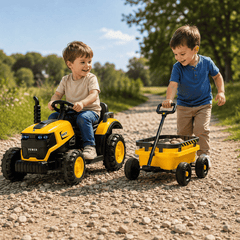 Tractor Electric KIDOO pentru Copii cu Telecomandă 2.4G, Remorcă Detașabilă, 12V 4.5Ah, 2 Motoare 380, Lumini LED, Muzică, Centură de Siguranță, Galben/Gri