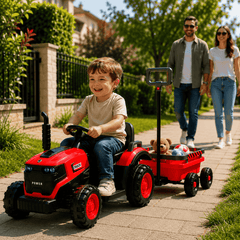 Tractor Electric KIDOO pentru Copii cu Telecomandă 2.4G, Remorcă Detașabilă, 12V 4.5Ah, 2 Motoare 380, Lumini LED, Muzică, Centură de Siguranță, Roșu/Galben