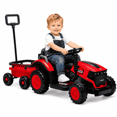Tractor Electric KIDOO pentru Copii cu Telecomandă 2.4G, Remorcă Detașabilă, 12V 4.5Ah, 2 Motoare 380, Lumini LED, Muzică, Centură de Siguranță, Roșu/Galben