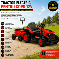 Tractor Electric KIDOO pentru Copii cu Telecomandă 2.4G, Remorcă Detașabilă, 12V 4.5Ah, 2 Motoare 380, Lumini LED, Muzică, Centură de Siguranță, Roșu/Galben