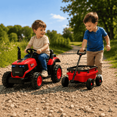 Tractor Electric KIDOO pentru Copii cu Telecomandă 2.4G, Remorcă Detașabilă, 12V 4.5Ah, 2 Motoare 380, Lumini LED, Muzică, Centură de Siguranță, Roșu/Galben
