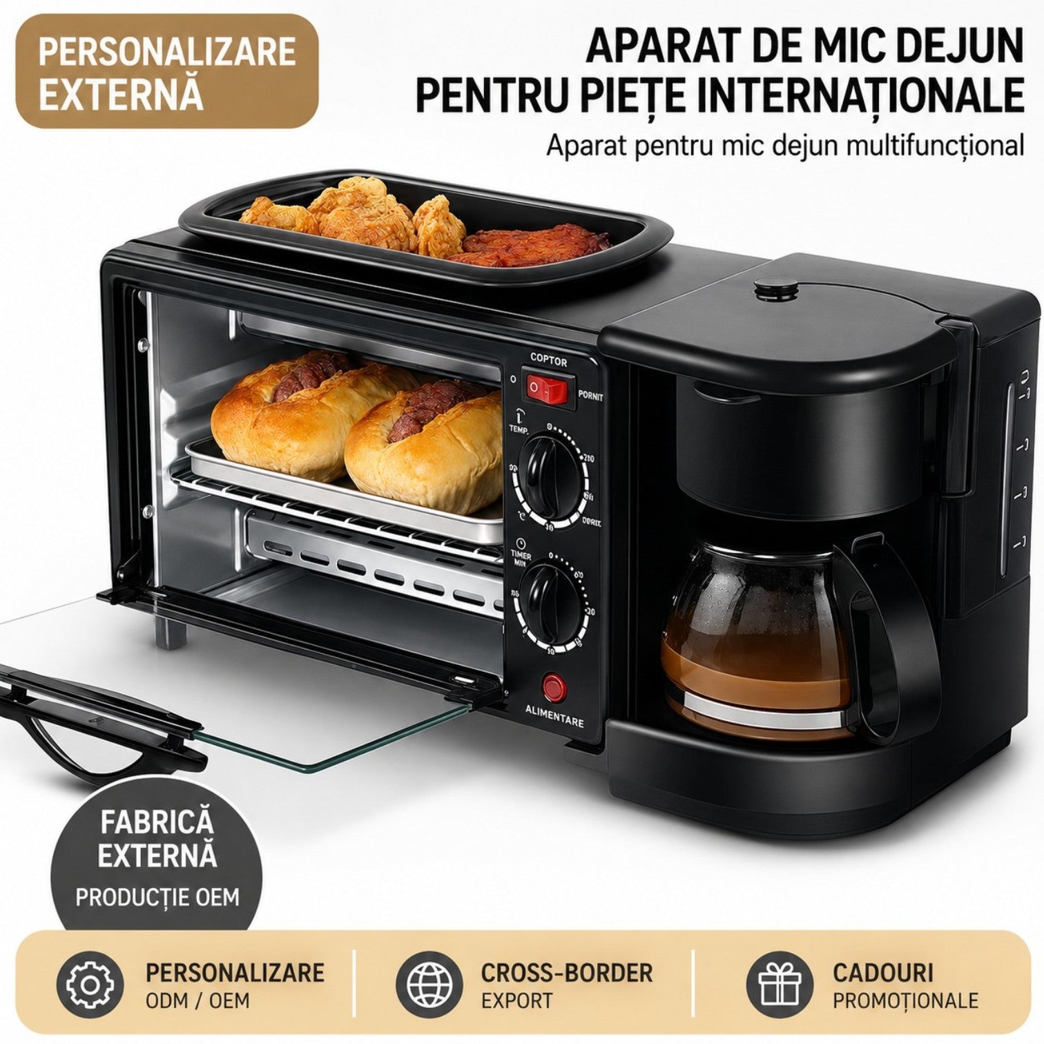 Cuptor Electric 3 în 1 cu Cafetieră Integrată, Grill și Timer – 2000W