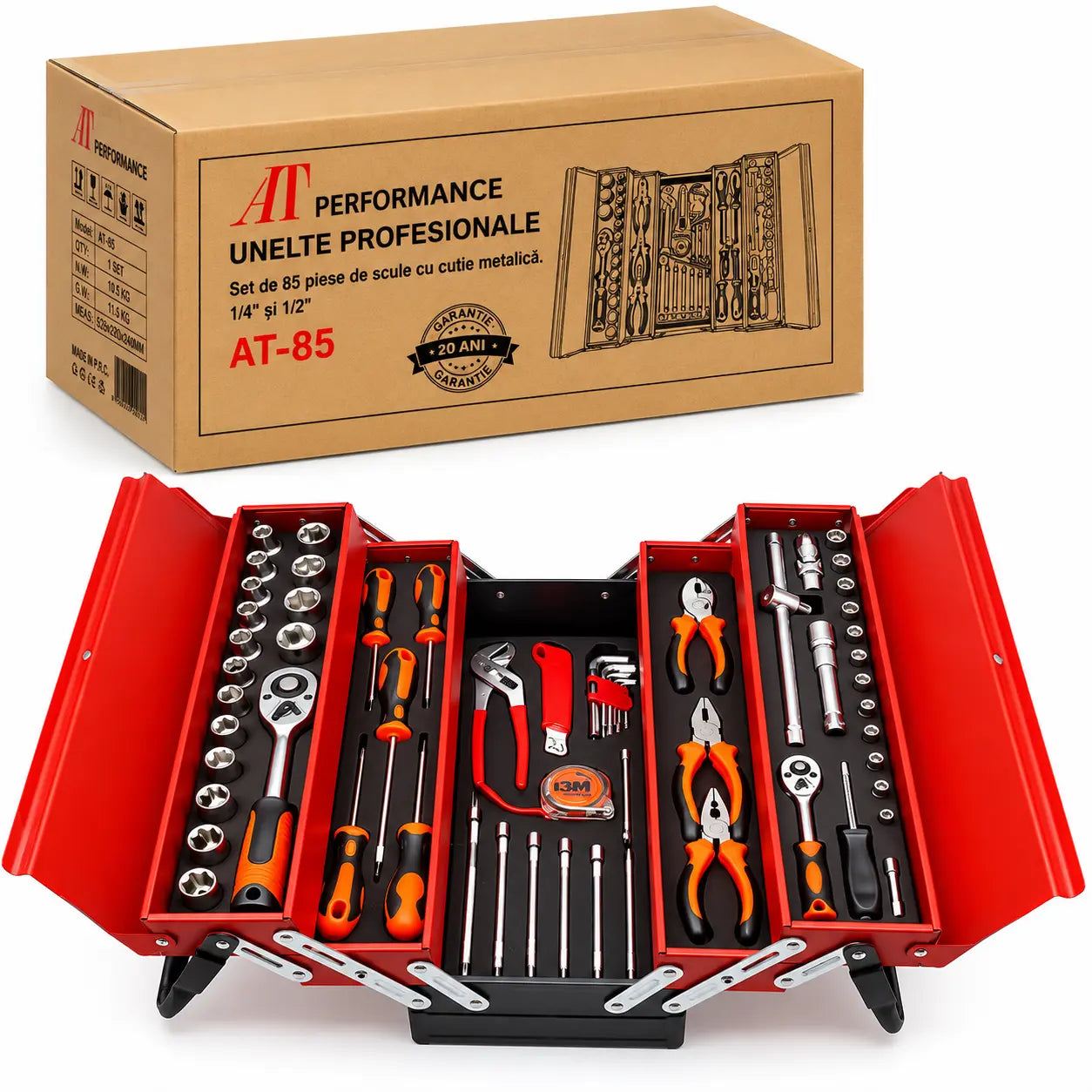 Trusă de Scule AT PERFORMANCE® – 85 Piese, Cutie Metalică cu 5 Compartimente