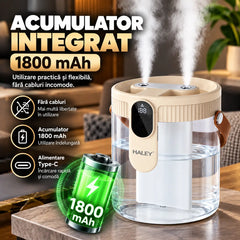 Umidificator de Aer HALEY HY-3103, 1.5L, Pulverizare Dublă, Display Digital Inteligent, Debit 25–80 ml/h, Acumulator 1800 mAh, Oprire Automată cu Timer, Lumină Ambientală Caldă