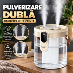 Umidificator de Aer HALEY HY-3103, 1.5L, Pulverizare Dublă, Display Digital Inteligent, Debit 25–80 ml/h, Acumulator 1800 mAh, Oprire Automată cu Timer, Lumină Ambientală Caldă