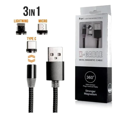 Cablu Magnetic 3 în 1 360° Metalic – Lightning / Micro USB / USB-C