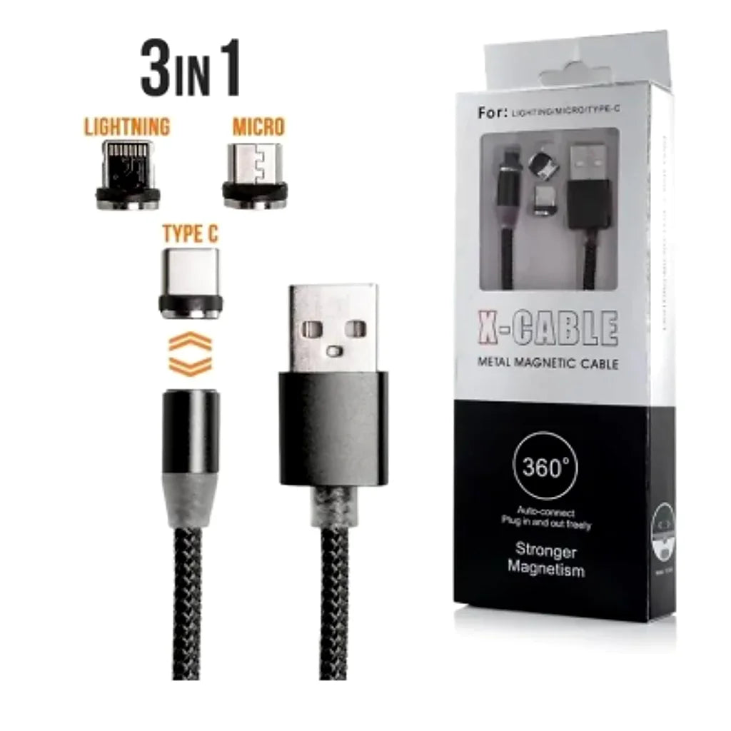 Cablu Magnetic 3 în 1 360° Metalic – Lightning / Micro USB / USB-C